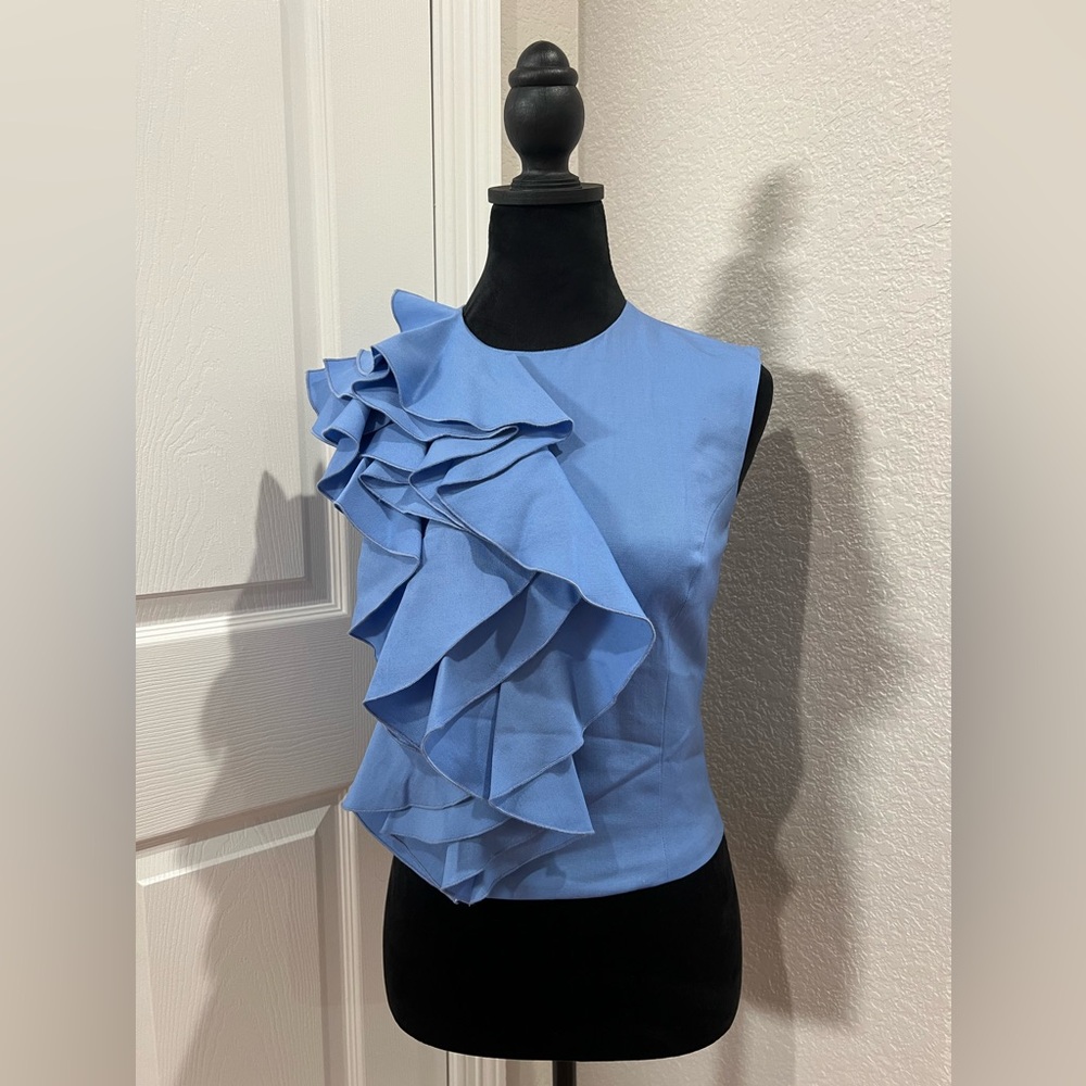 $925 ROCHAS Paris Ruffles Sleeveless Top  Blue Size 40 Made in Italy